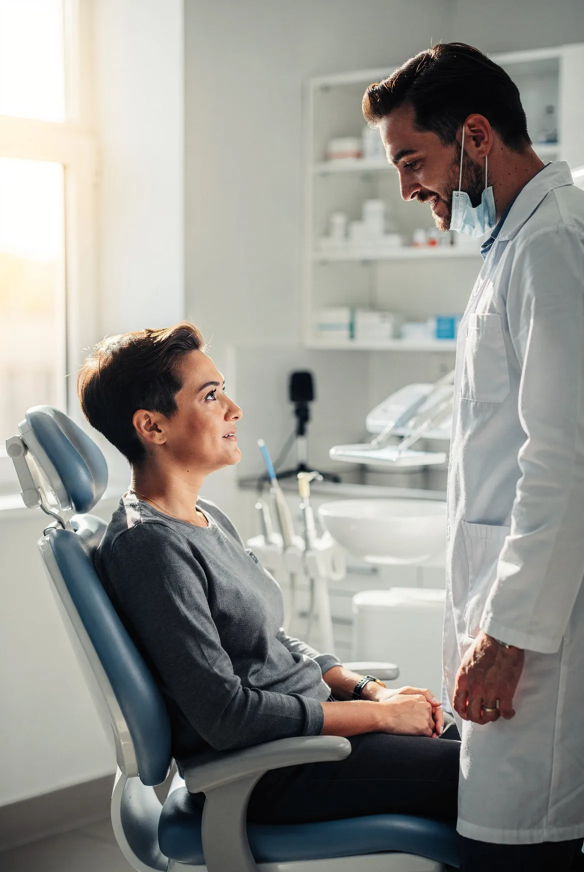 A dentist with his mask pulled down talks with a patient sitting up in the chair, in window light